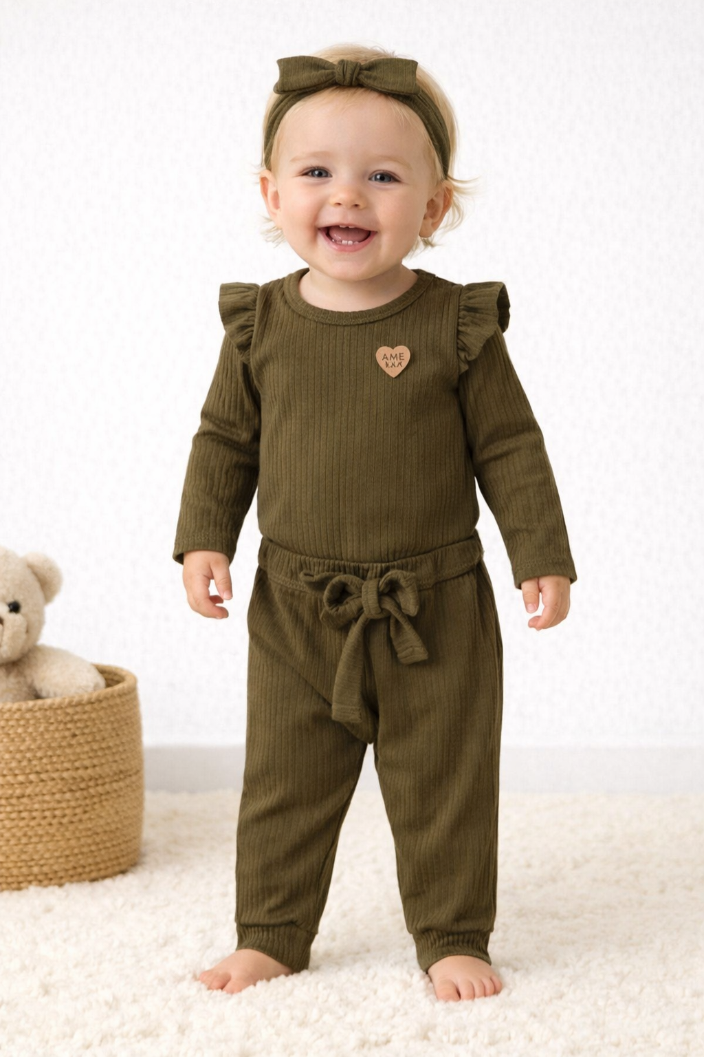 Conjunto Body, Calça e Faixa Canelado Ame Kids na cor Verde Militar