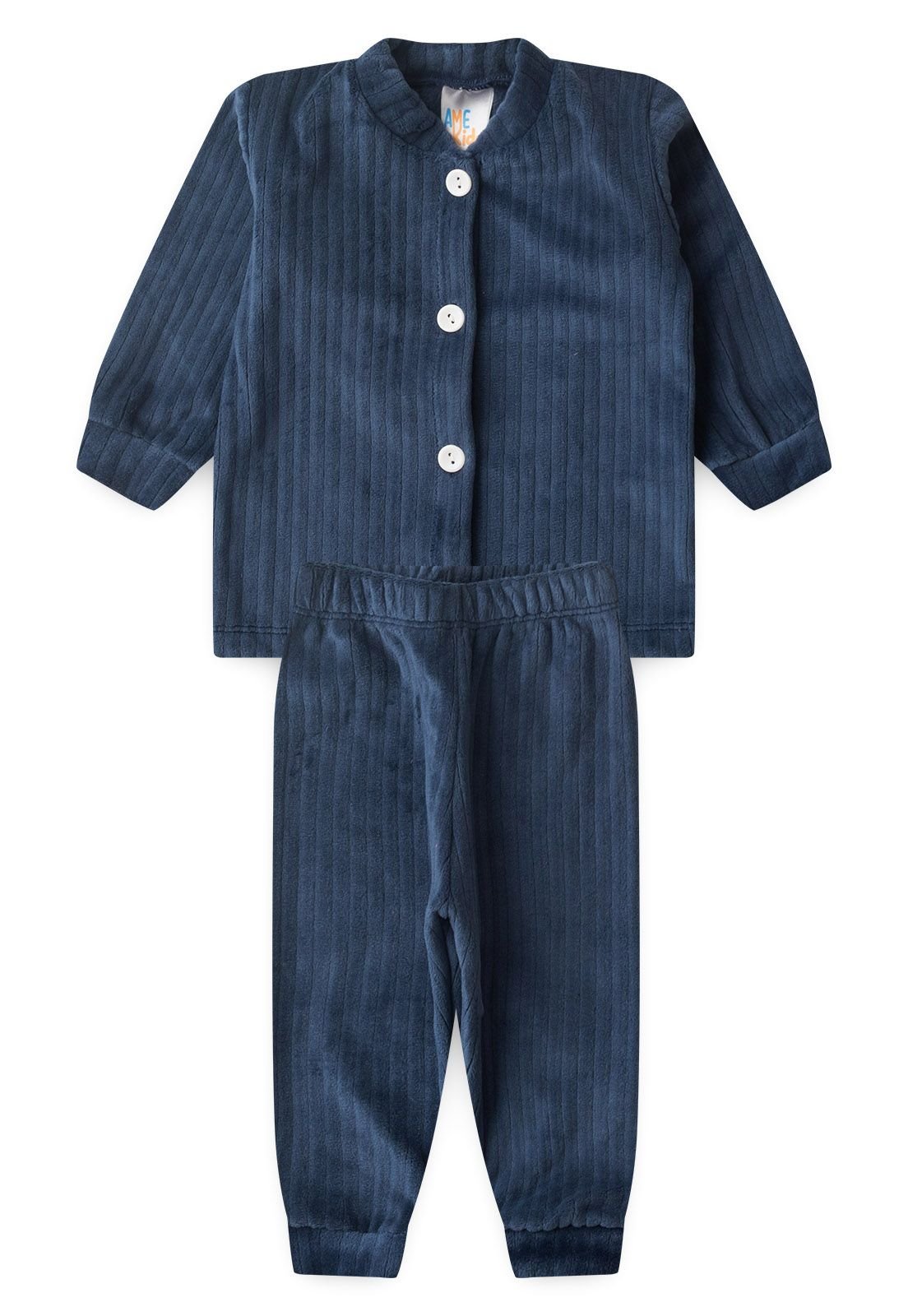 Conjunto Casaco e Cal&ccedil;a Plush Canelado Ame Kids na cor Azul Marinho