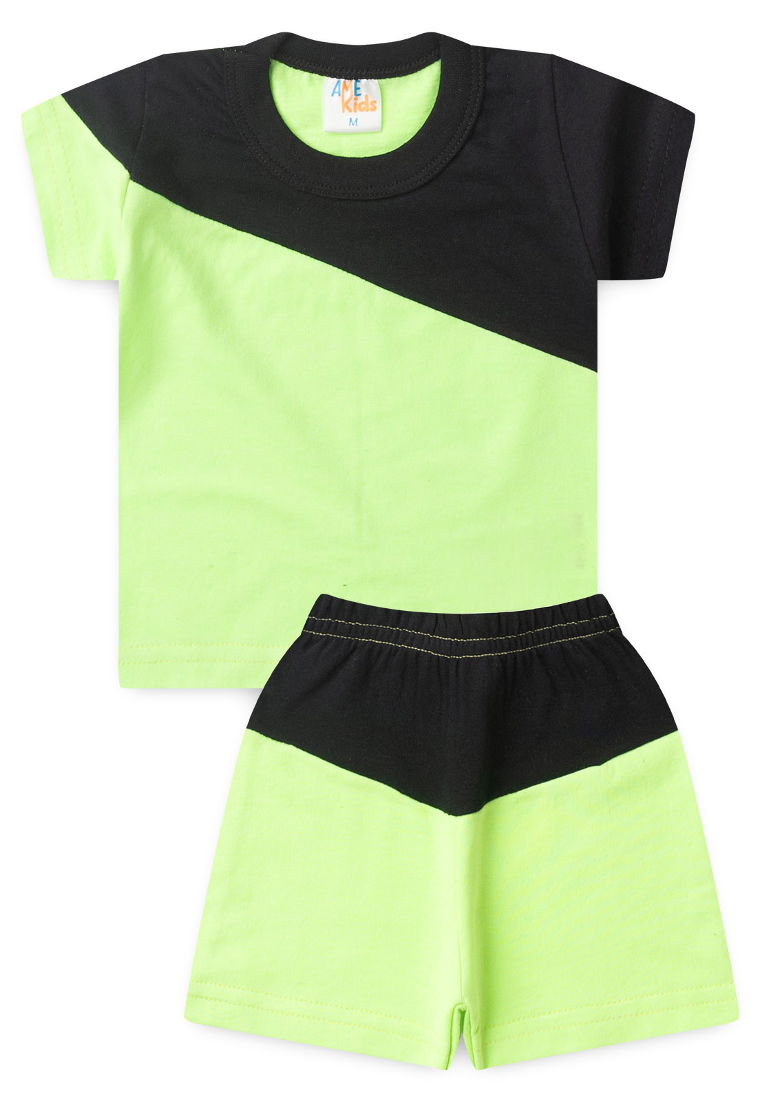 Conjunto Blusa e Shorts Recorte Diagonal Ame Kids na cor Verde
