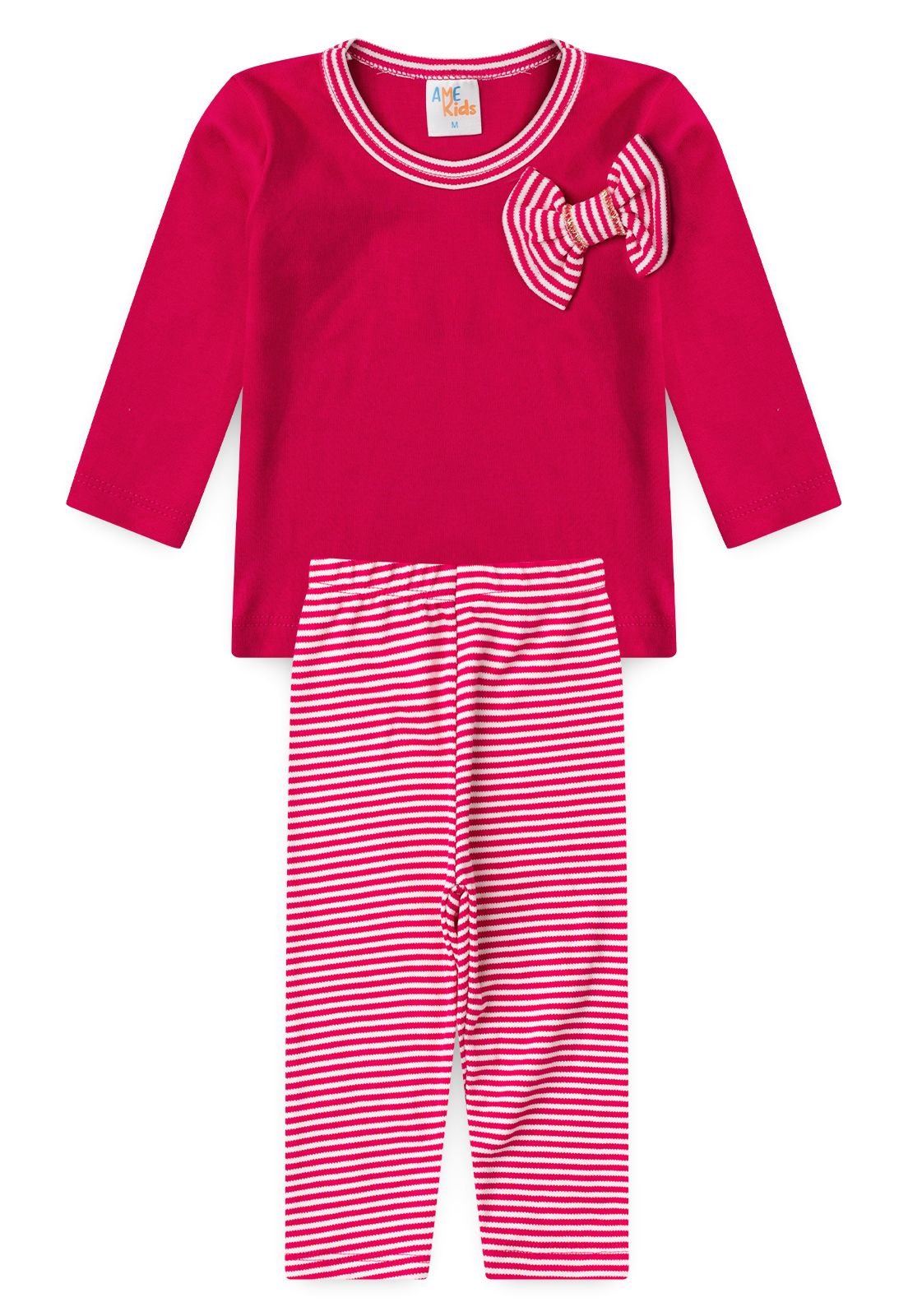 Conjunto Blusa com Lacinho e Calça Listrada Ame Kids na cor Pink