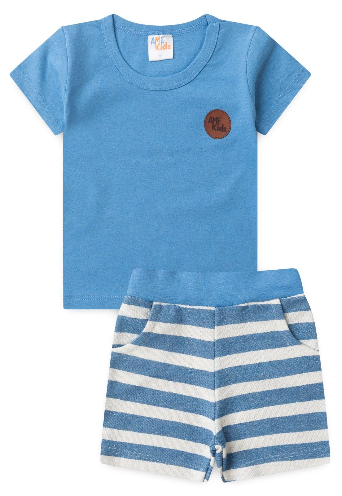 Conjunto Camiseta e Shorts Listrado Ame Kids na cor Azul
