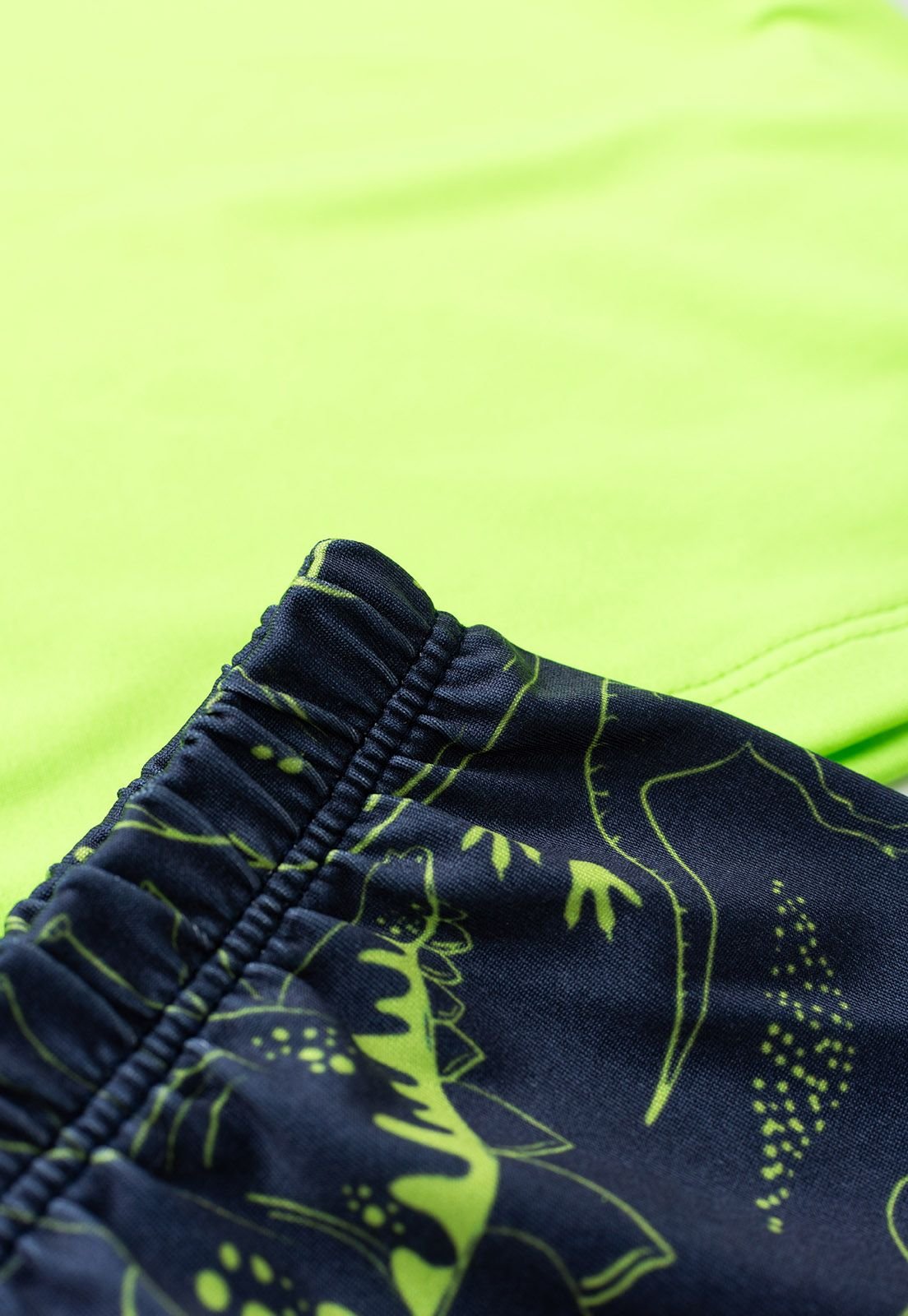 Detalhe: Shorts de dinossauros do Conjunto Blusa e Shorts com Prote&ccedil;&atilde;o UV Ame Kids, cor Verde Lim&atilde;o