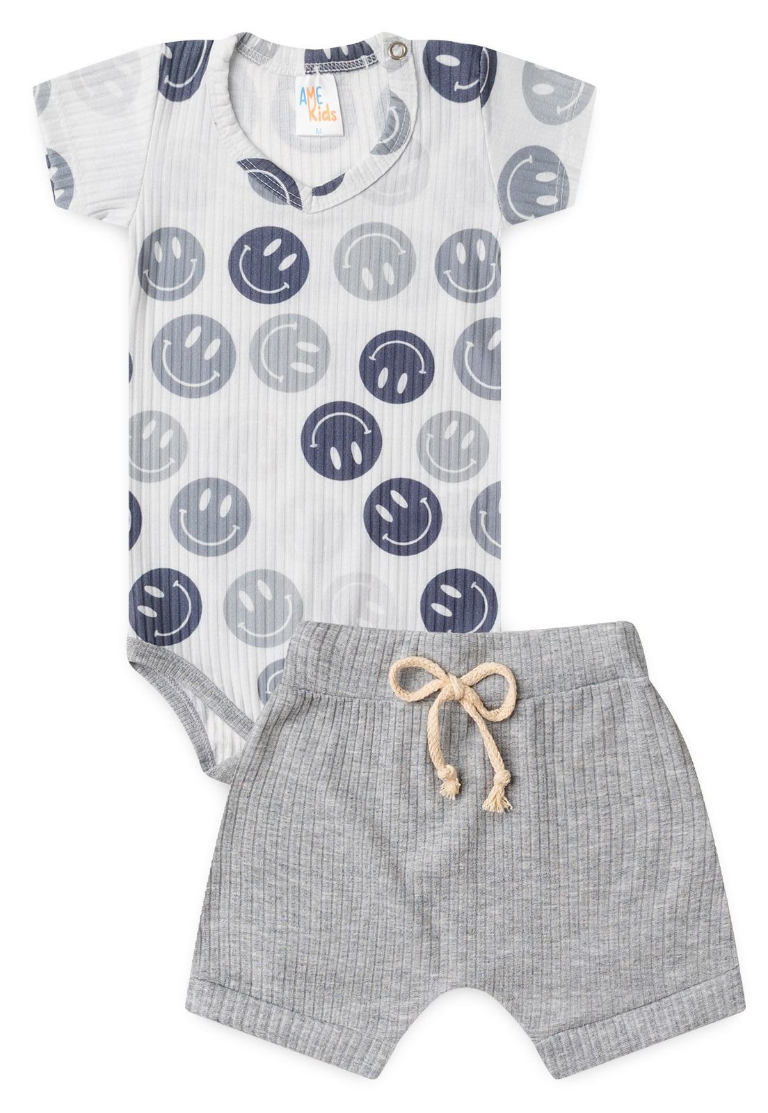 Conjunto Body Canelado e Shorts Ame Kids na cor Cinza