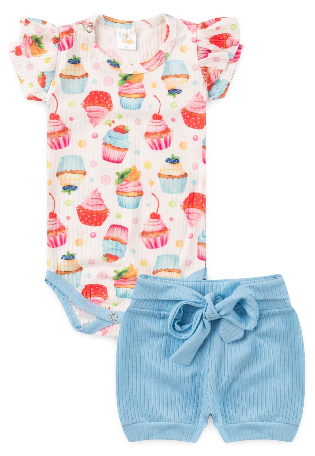 Conjunto Body Canelado e Shorts Ame Kids na cor Cupcake