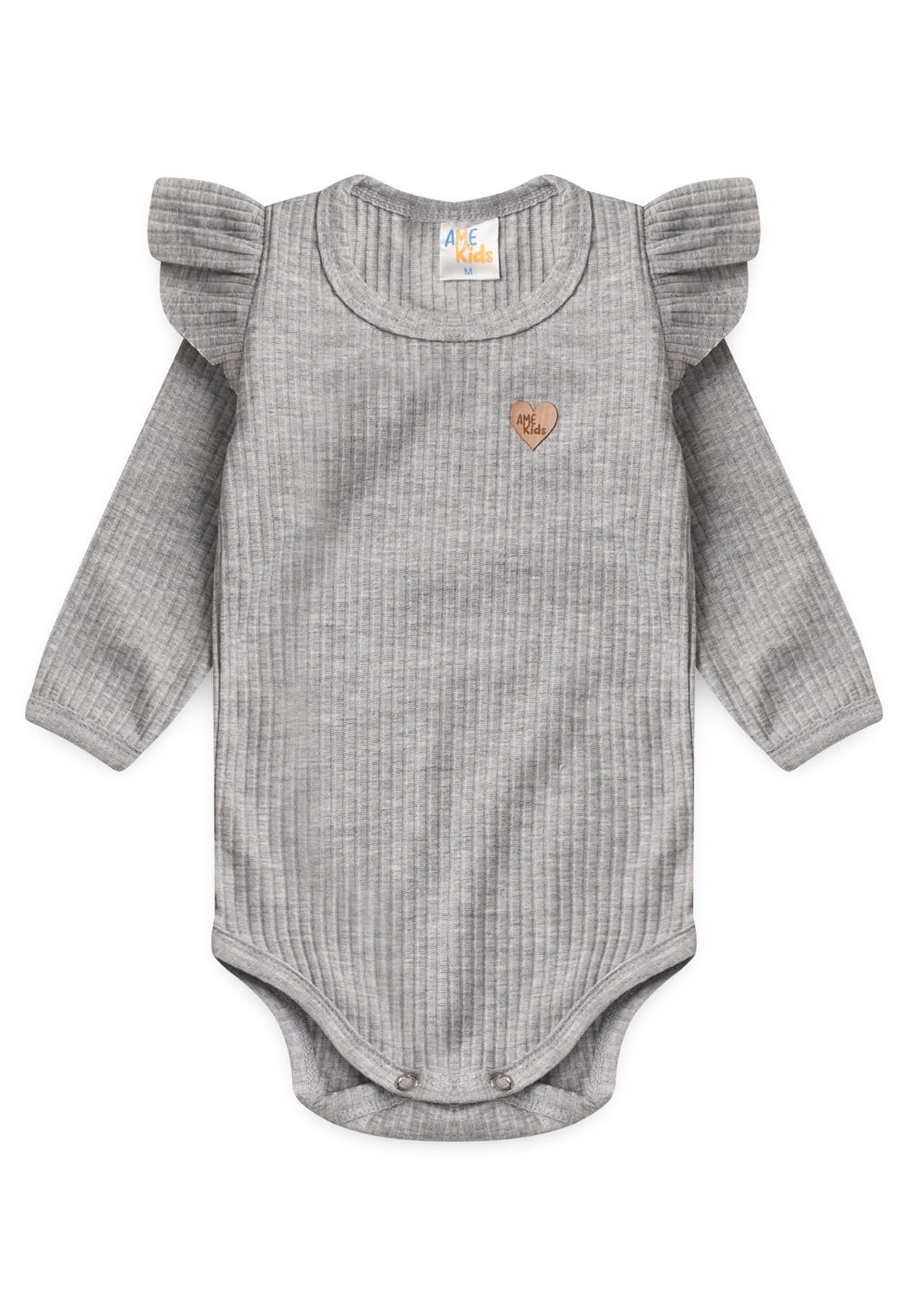Detalhe: Babados e cora&ccedil;&atilde;o do Conjunto Body, Cal&ccedil;a e Faixa Canelado Ame Kids, cor Cinza