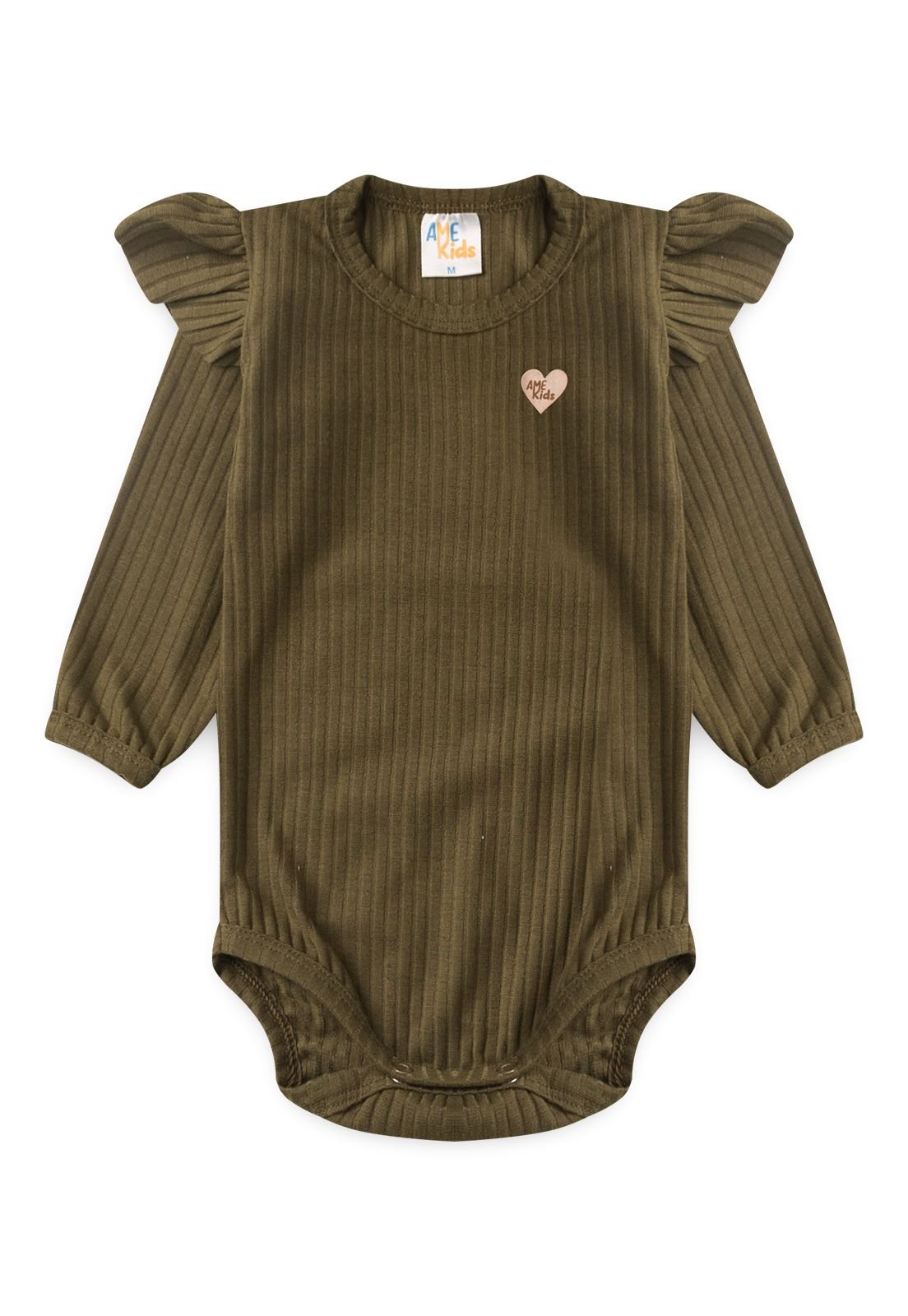 Detalhe: Babados e cora&ccedil;&atilde;o do Conjunto Body, Cal&ccedil;a e Faixa Canelado Ame Kids, cor Verde Militar