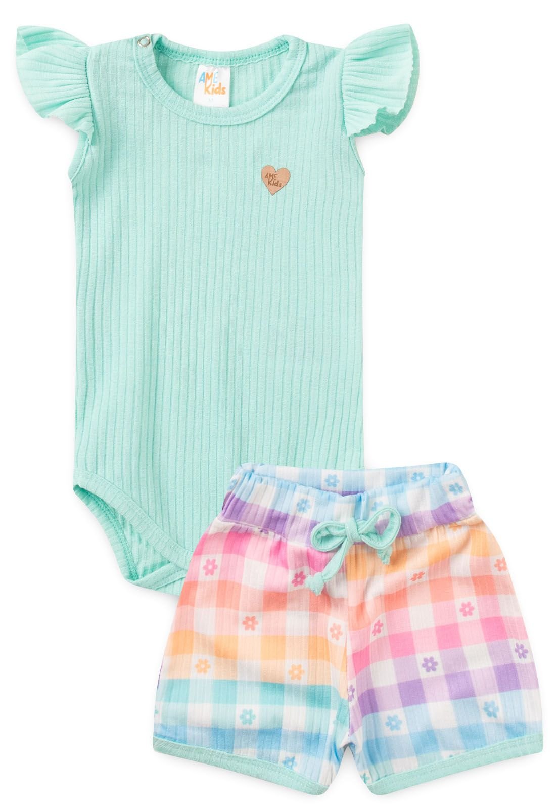 Conjunto Body e Shorts Canelado Xadrez Ame Kids na versão Xadrez Tie Dye