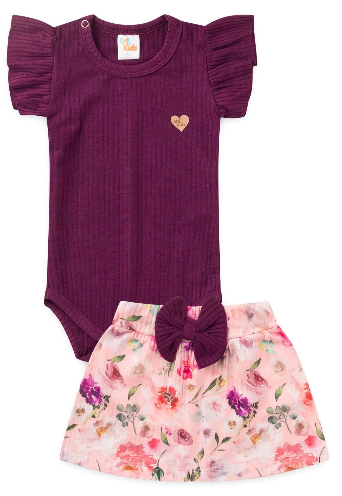Conjunto Body Canelado e Saia Floral Ame Kids na cor Beringela