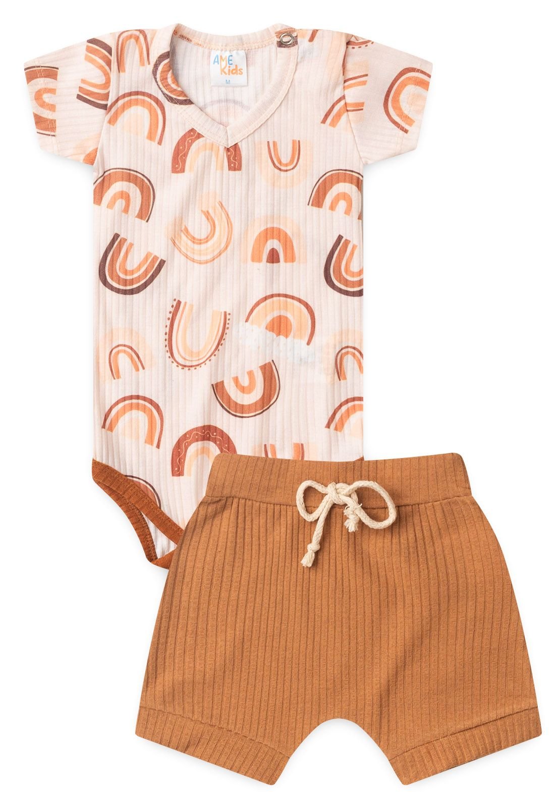 Conjunto Body Canelado e Shorts Ame Kids na cor Avel&atilde;
