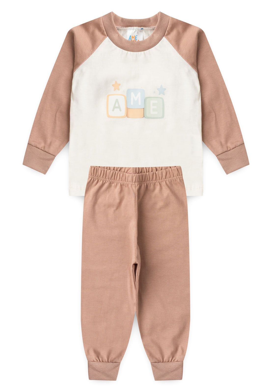 Pijama Blusa Raglan e Calça Estampado Ame Kids na cor Doce de Leite