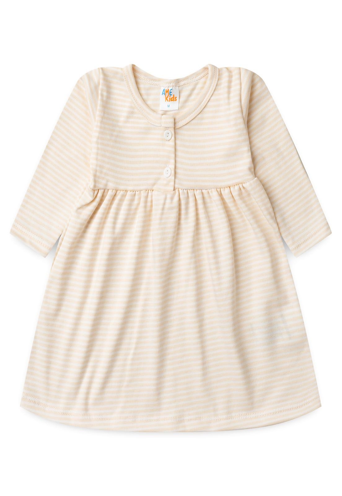 Vestido Manga Longa Listrado Ame Kids na cor Bege