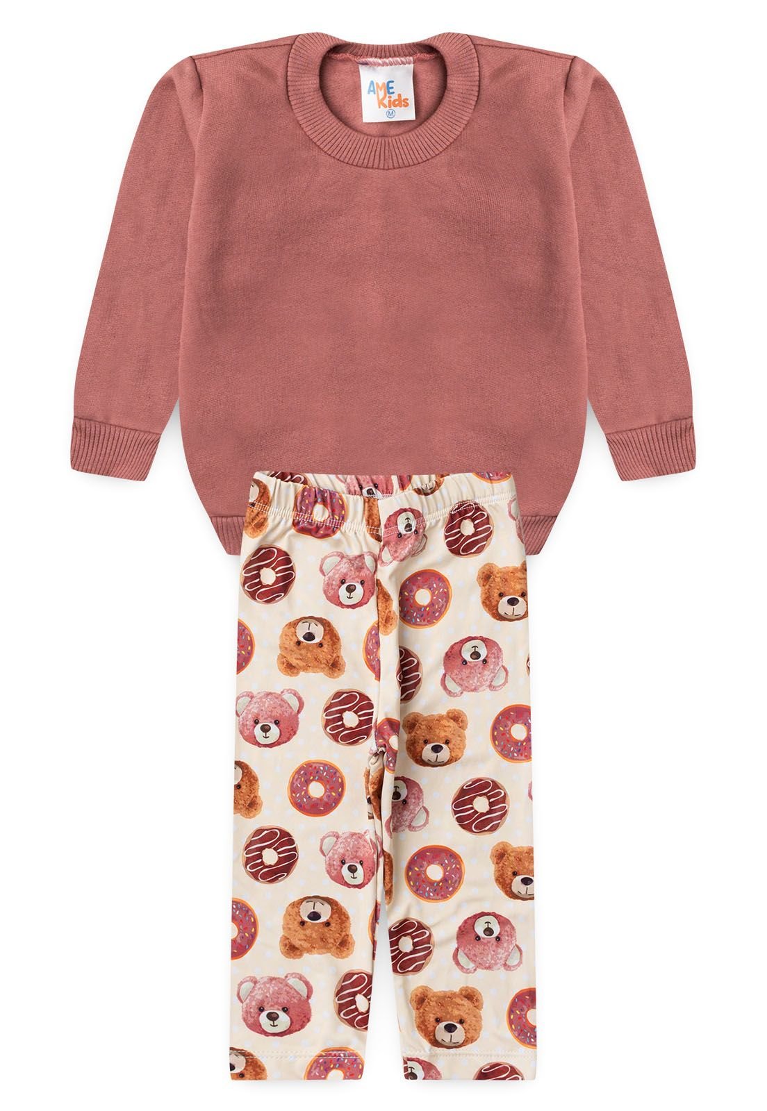 Conjunto Blusa de Moletom e Calça Térmica Estampada Ame Kids na cor Rosê