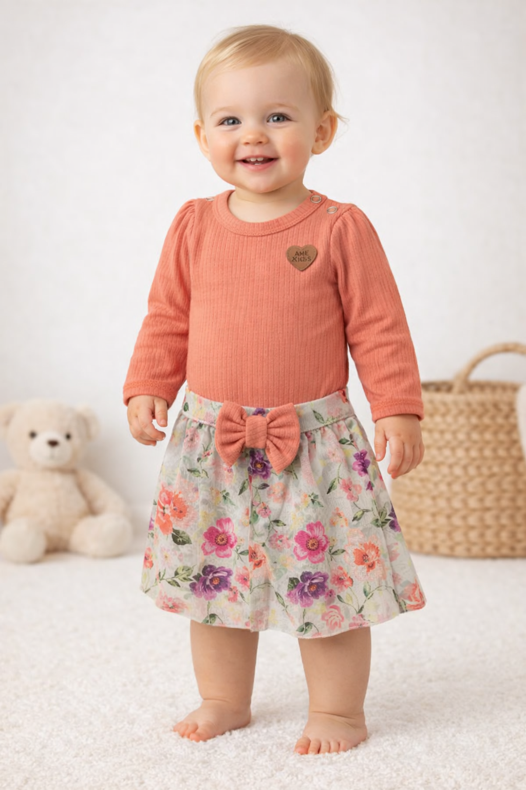 Conjunto Body e Saia Ame Kids na cor P&ecirc;ssego